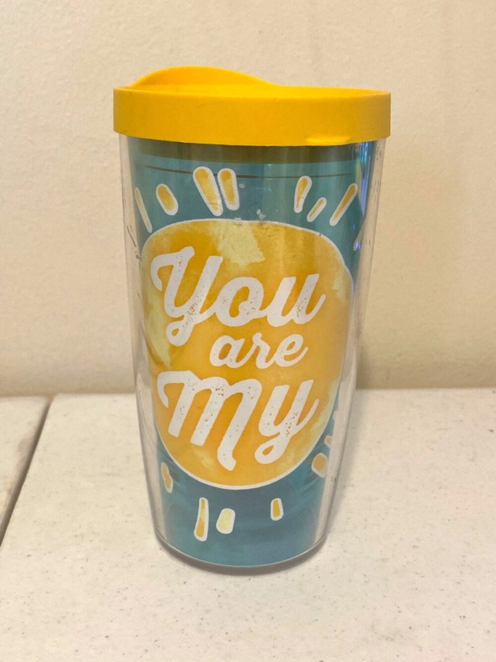 You Are My Sunshine Yellow Blue Tervis Walled Tumbler 16‎ Ounces w/ Lid